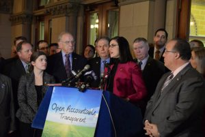Assemblymember Nicole Malliotakis (at podium) speaks about the proposed government reforms at a recent news conference in Albany. Photo courtesy Malliotakis’s office