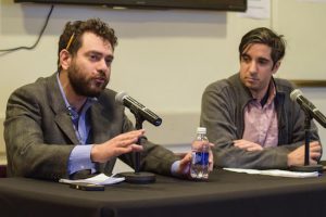 Reporters Harry Siegel (left) and Azi Paybarah were at St. Francis College on Monday to discuss “Policing in New York and America.” Eagle photo by Rob Abruzzese