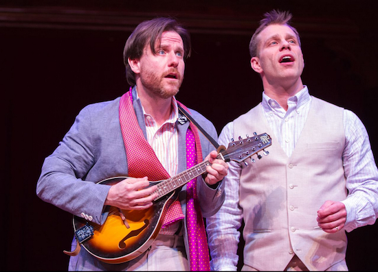Actors Paul L. Coffey (l.) and Noah Brody of the Fiasco Theater offer up a song in “The Two Gentlemen of Verona.” Photo by Teresa Wood