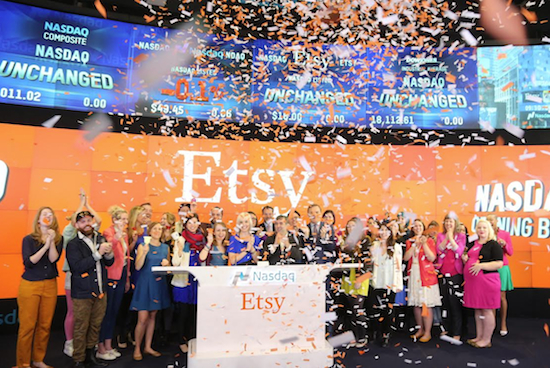 Etsy, a DUMBO-based company, celebrated its IPO on the Nasdaq stock exchange with an Opening Bell Ceremony on Thursday. Photo: Nasdaq, courtesy of Etsy