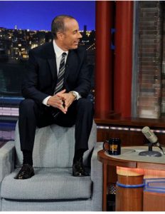 In this photo provided by CBS, comedian Jerry Seinfield, whose birthday is today, joins host David Letterman on the set of the “Late Show with David Letterman,” last Friday. Jeffrey R. Staab/CBS via AP