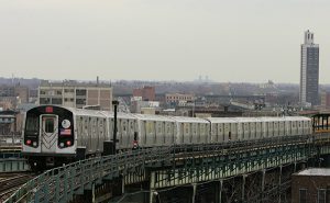 A Rockaway Parkway bound L train heads south from Broadway Junction.  AP Photo/ Julie Jacobson