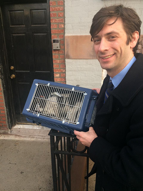 City Councilmember Stephen Levin with Loretta, the abused cat he rescued on the BQE. On Monday, PETA announced it was awarding a Compassionate Action Award to the councilmember. Photo courtesy of BARC Shelter