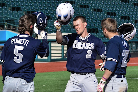Thomas McKenna is congratulated after hitting a home run against NYU on Saturday. He leads St. Joseph's in batting average, on base percentage and slugging percentage so far this season. Eagle photos by Rob Abruzzese