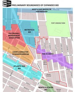 The dotted red line indicated the proposed new boundaries of an expanded MetroTech BID. Map courtesy of the Downtown Brooklyn Partnership