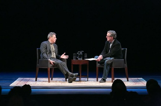 World-famous composer Philip Glass (l.) visited BAM on Monday to speak about his new book, “Words Without Music.” Kurt Andersen, Brooklyn-based author and host of the Peabody Award-winning public radio program “Studio 360,” moderated the discussion. Photo by Beowulf Sheehan, courtesy of BAM