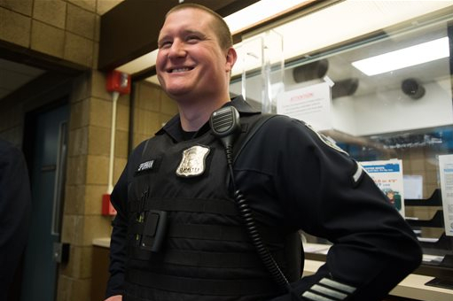 Bay City Public Safety Officer Eric Sporman wears a body-worn camera for his shift on March 25 at Bay County Law Enforcement Center in Bay City, Mich. AP Photo/The Bay City Times, Yfat Yossifor