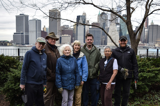 Volunteers help out at the Brooklyn Heights Promenade Garden every Tuesday morning at 9 a.m. From left: Alan Luks, Bruce Gregory, Karen Schlesinger, Koren Volk, head gardener Matthew Morrow, Nina Craig and Richard Dean. Eagle photos by Rob Abruzzese. For more photos, please visit BrooklynArchive.com