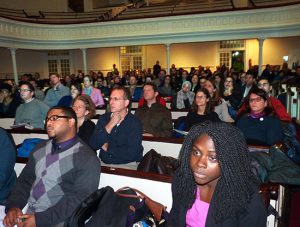 Parents gathered in Plymouth Church in Brooklyn Heights in November to hear about the problem of overcrowding at P.S. 8.  Photo by Mary Frost