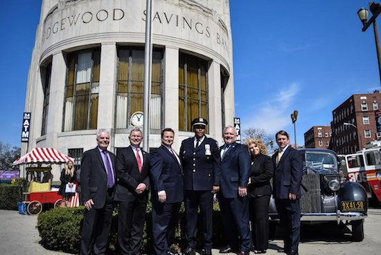 Celebrating the 75th anniversary of Ridgewood Savings Bank’s Forest Hills branch were Vice President Jack Dafgard; Executive Vice President and COO Leonard Stekol; Chairman, President and CEO Peter Boger; Deputy Inspector Judith Harrison; Senior Vice President of Operations Walter Reese; Branch Manager Nancy Adzemovic; and Marketing Director Matt Schettino. Eagle photos by Rob Abruzzese