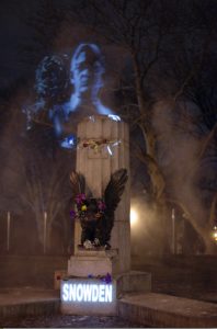 Snowden's bust was taken down from Fort Greene Park, only to be replaced by a hologram. Credit: 'Kyle Depew of the Illuminator Art Collective'