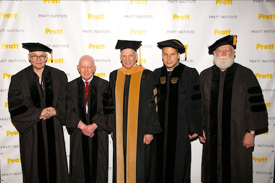 Honorary degree recipient Alison Knowles; New York Times writer Holland Cotter, who delivered the undergraduate ceremony address; Pratt Institute President Thomas F. Schutte; and honorary degree recipients Shepard Fairey and James Turrell. Photo by Sam Stuart