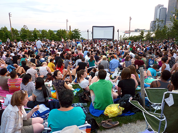 Visitors will be able to enjoy an array of free cultural, educational, and recreational events, including Syfy Movies With A View, shown above, at Brooklyn Bridge Park this summer. Photo by Mary Frost