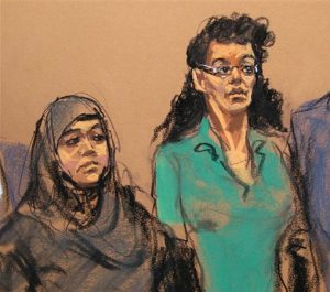 In this April 2 courtroom sketch, defendants Noelle Velentzas, left and Asia Siddiqui, appear at federal court in New York. The two women arrested last month for plotting to build a homemade bomb and wage jihad in New York City pleaded not guilty Thursday. AP Photo/Jane Rosenberg, File