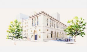 The Brooklyn Trust Company Building condos will have a Pierrepont Street entrance with a canopy, shown here behind the tree at left. Rendering by DBOX