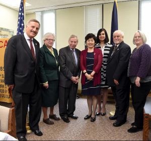 Ambassador Zhang Qiyue (center), the new consul general of the People’s Republic of China, gets acquainted with a group of lawmakers during her visit to the State Capitol. Pictured with the ambassador are: David Weprin, Toby Stavisky, Peter Abbate, Nicole Malliotakis, Jose Rivera and Helene Weinstein (left to right). Photo courtesy Malliotakis’ office