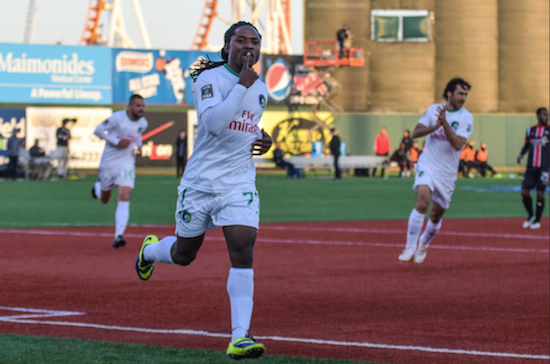 Lucky Mkosana’s goal during the 14th minute led the Cosmos to a 1-0 victory over the Ottawa Fury FC in the first NASL game played in Brooklyn. Eagle photos by Rob Abruzzese