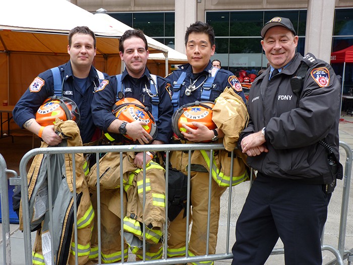 Paramedics Anthony Kendall, Andrew Reiner and Namwu Kim, with Capt. Steven Cuevas of Station 16 in Harlem. Photo by Mary Frost