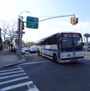Express buses in Brooklyn are habitually late, according to an audit conducted by Comptroller Scott Stringer. The X28 bus runs along 86th Street in Bay Ridge for part of its route. Eagle photo by Paula Katinas
