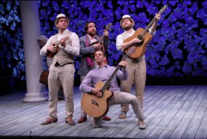 Actors (from l.) Zachary Fine, Paul L. Coffey, Noah Brody (kneeling) and Andy Grotelueschen in “The Two Gentlemen of Verona” at Polonsky Shakespeare Center in Fort Greene. Photos by Gerry Goodstein