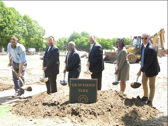 Officials celebrate the start of the renovation project in Gravesend Park. Photo courtesy Councilmember David G. Greenfield’s office