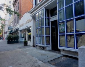 The now vacant space in front of 76 Montague St. where the anchor had sat since 1981. Eagle photos by Claude Scales