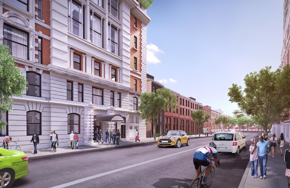 Seven townhouses along the south side of Amity Street are included in the ULURP version of the plan. Rendering courtesy of Williams New York