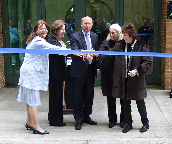 Cutting the ribbon on the new Harriet Rothkopf Heilbrunn School of Nursing at LIU Brooklyn are (from left): Dr. Kimberly R. Cline, president of LIU; Judith Erickson, dean of the nursing school; Eric Krasnoff, chairman of the board of trustees of LIU; Helaine Lerner and Joan Rechnitz, the daughters of Robert and Harriet Heilbrunn. Photos by Mary Frost