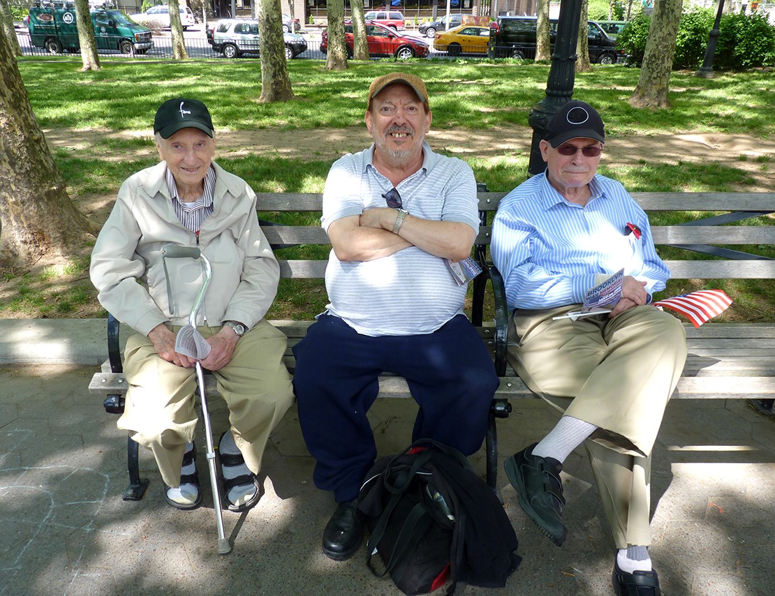 Vets Jerry Degen, who served in the U.S. Army European theater, 289 Engineer Combat Battalion; and Vietnam-era vets Richard Fink, who served at Vandenberg Air Force Base, and Seth Greenwald, who served in the 904th Military Airlift Group Reserve and then in Turkey. Photo by Mary Frost