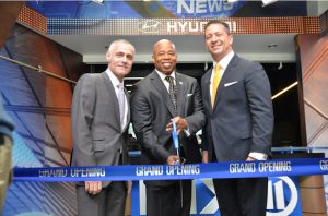 Brett Yormark, CEO of the Barclays Center/Brooklyn Nets, Eric Adams, Brooklyn Boro President and Rich Graziano, President/GM of PIX11, celebrated the grand opening of the PIX11/Hyundai Studio at the Barclays Center. Photo credit: Dave McDonald/WPIX-TV