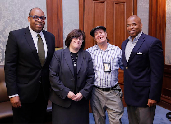 Eric Adams announces his Access to Legal Service program at Brooklyn Borough Hall, joined by (left to right) Sidney Cherubin, supervising attorney at the Brooklyn Volunteer Lawyer’s Project; Fraidy Nachman, director of outreach and elder law at the Brooklyn branch of Legal Services New York City; and Bedford-Stuyvesant resident Albert Danny Marcano, a constituent who received legal assistance. Photo Credit: Kathryn Kirk/Brooklyn BP’s Office