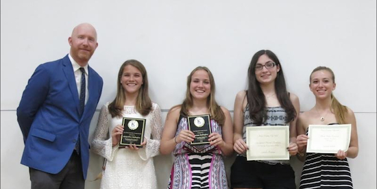 Athletic director Joseph Tiernan is pictured with the Special Award winners Jacqueline Gallagher, Therese Gallagher, Gabrielle Monferrato and Samantha Southard (left to right). Photo courtesy Bishop Kearney High School