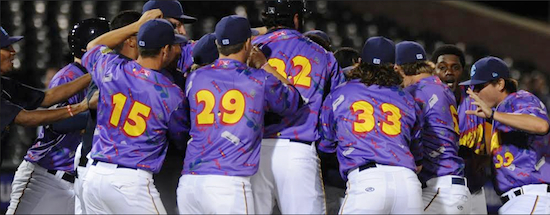 Jeff Diehl’s 12th-inning triple set off a wild celebration at home plate as the Cyclones edged Tri-City, 3-2, on “Saved by the Bell” Night at Coney Island’s MCU Park. Photo courtesy of the Brooklyn Cyclones