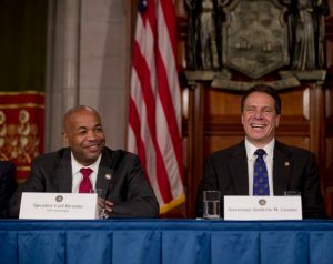 Assembly Speaker Carl Heastie, D-Bronx, left, and New York Gov. Andrew Cuomo laugh during a news conference in the Red Room at the Capitol, on Thursday in Albany. AP Photo/Mike Groll