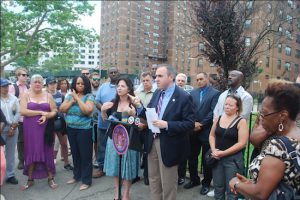 State Sen. Diane Savino and Councilmember Mark Treyger (at podium) gather with Coney Island community leaders to call on City Hall to take specific steps to respond to gun violence in the neighborhood. Photo courtesy Treyger’s office
