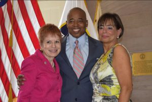 Borough President Eric Adams (center) helped to welcome Helene Blank (right) as the new president of the Brooklyn Women’s Bar Association and said thanks to Hon. Marsha Steinhardt for the work she did in the past year as president during a ceremony at Borough Hall Tuesday. Eagle photos by Rob Abruzzese