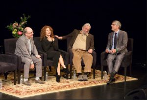 Amid frequent and uproarious applause from a packed house, Stephen Sondheim (second from right), James Lapine (left) and several members of the original "Into the Woods" cast, including Bernadette Peters (second from left) took to the stage for a reunion Sunday at the Brooklyn Academy of Music (BAM). Photos by Richard Termine, courtesy of BAM