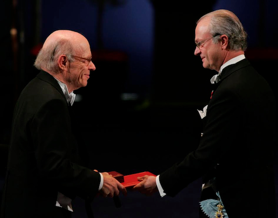 Irwin Rose, left, receives the 2004 Nobel Prize in Chemistry from King Carl Gustaf of Sweden, right, during a ceremony at the Concert Hall in Stockholm, Sweden. Rose, a Brooklyn-born biochemist who shared the 2004 Nobel Prize in chemistry, died Tuesday at age 88. Henrik Montgomery/Pressens Bild via AP, Pool, File