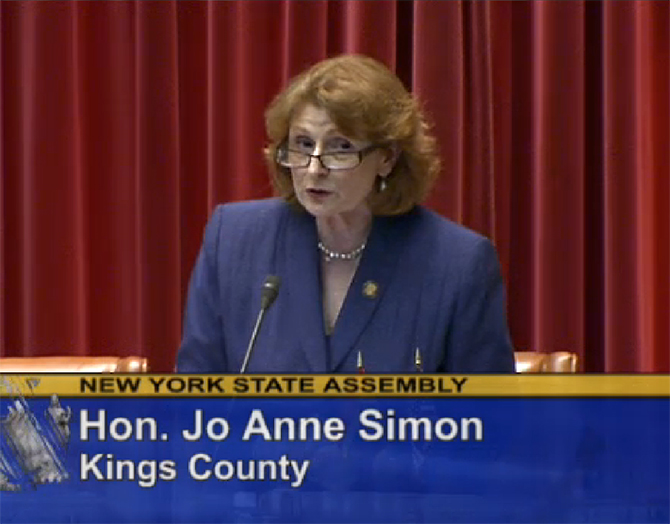 Assemblymember Jo Anne Simon debates the LICH Act in the state Assembly on Wednesday. Photo via live Assembly feed