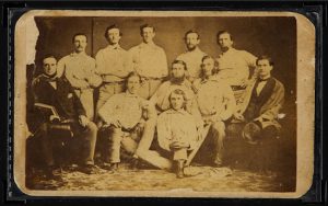 This June 30 photo provided by Heritage Auctions shows the front of a circa 1860 Brooklyn Atlantics baseball card. The pre-Civil War card will be sold at an auction on July 30 at the National Sports Collectors Convention in Chicago. Photos by Butch Ziaks/Heritage Auctions via AP