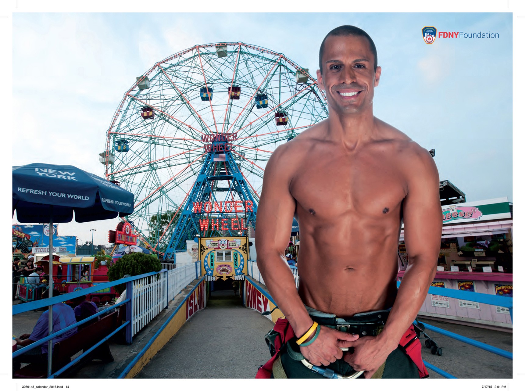 July Firefighter Jose Cordero shows what he’s got in front of the Wonder Wheel. Photo courtesy of FDNY