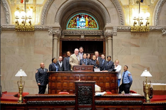 State Sen. Marty Golden, pictured with members of the firefighters’ union in Albany last month, sponsored the bill in the senate. Assemblymember Peter Abbate was the assembly sponsor. Photo courtesy Golden’s office