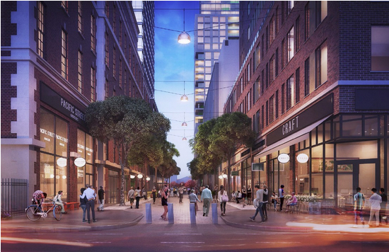 Fortis’ ULURP plan envisions quiet Pacific Street transformed into a pedestrian shopping plaza. Rendering courtesy of Williams New York
