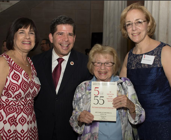 Authors Judith D. Grimaldi (left) and Joanne Seminara (right) at their book launch party at Borough Hall with Councilmember Vincent Gentile and Dr. Ruth Westheimer. Photo by Georgine Benvenuto