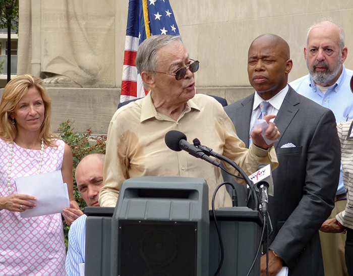Former Brooklyn Borough President Howard Golden tells the crowd, “One million dollars isn’t going to be enough" to rehab the Brooklyn War Memorial. Photo by Mary Frost