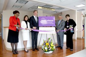 Fabienne Ulysse, director of nursing oncology at the ambulatory infusion suite; Diane Senerchia, exec. dir. Northfield Bank Foundation; Dr. Alan Sickles, senior VP of clinical operations; Dr. Rami K. Daya, chief of hematology and medical oncology; and Claudia Caine, president of NYU Lutheran Medical Center (left to right) celebrate the opening. Photo courtesy NYU Lutheran