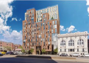 The new owner of the Lyceum building (r.) in Park Slope plans to turn it into a Blink Fitness location and construct an apartment building on a neighboring vacant lot (c). Rendering by Paperfarm