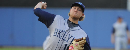 Right-hander Tyler Badamo, who grew up coming to Cyclones games from his home in Mount Sinai, N.Y., earned his first win for Brooklyn Wednesday night with a near-perfect performance at Hudson Valley. Photo courtesy of Brooklyn Cyclones