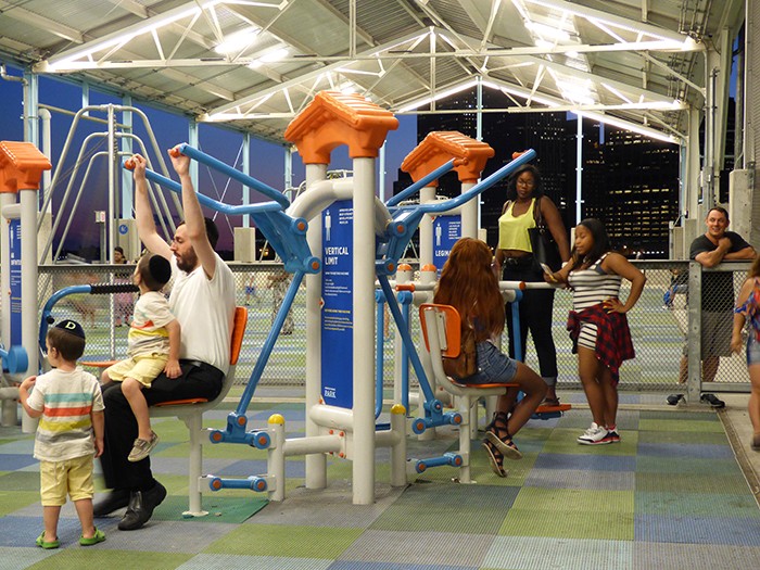 Pier 2 features basketball and handball courts, bocce, shuffleboard, roller skating rink and free exercise equipment.