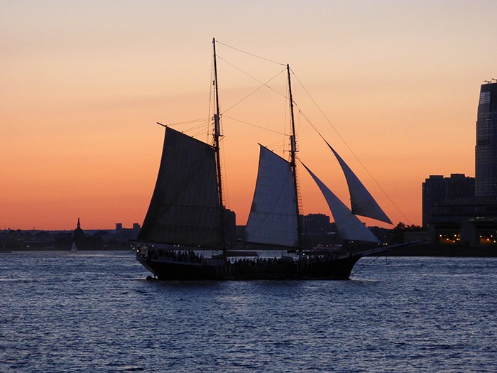 The waterfront views include Manhattan and passing ships like Clipper City, sailing past Pier 5. Photos by Mary Frost